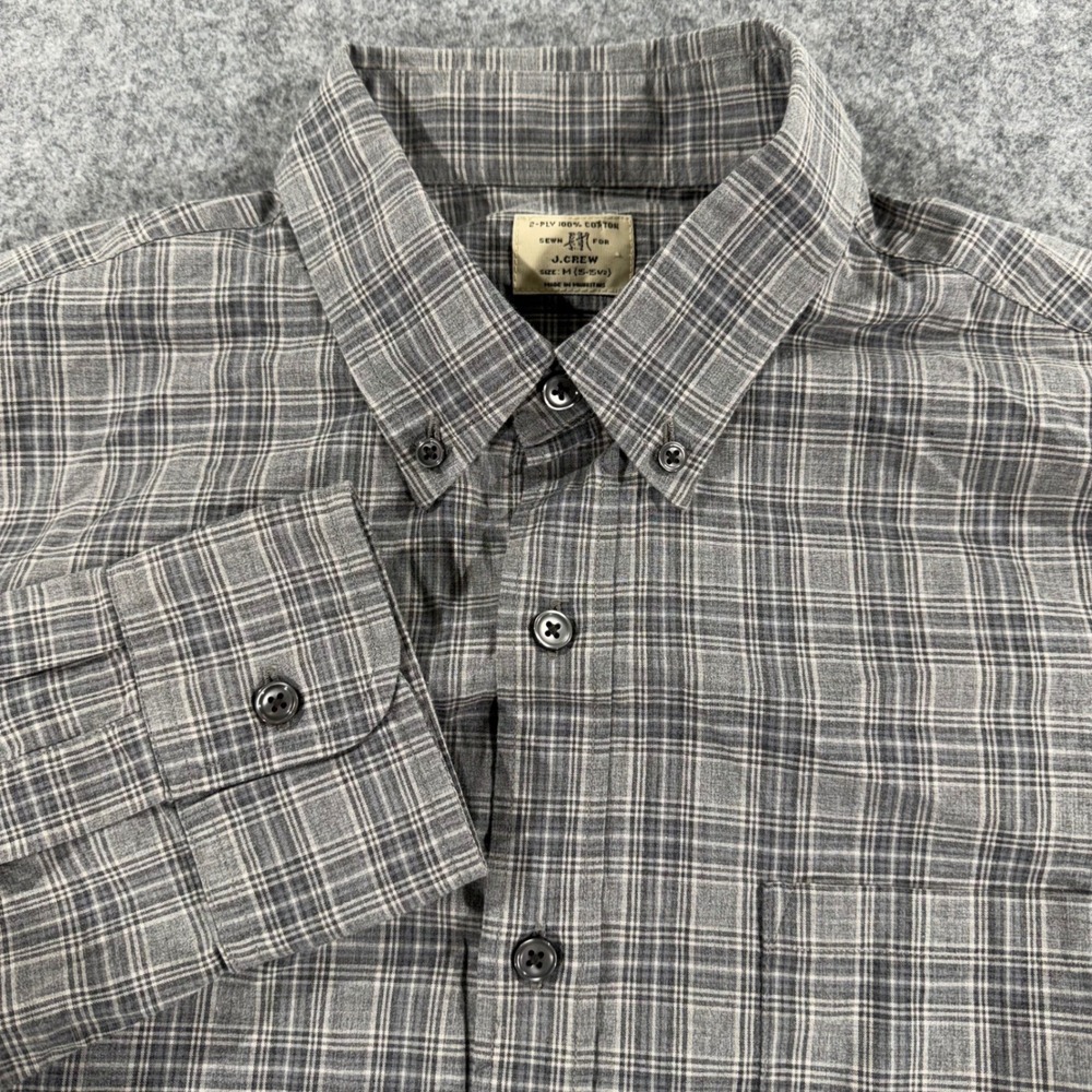 J.Crew Mens Grey Plaid Button Down Shirt 2-Ply Cotton Long Sleeve Size M 15-15.5
